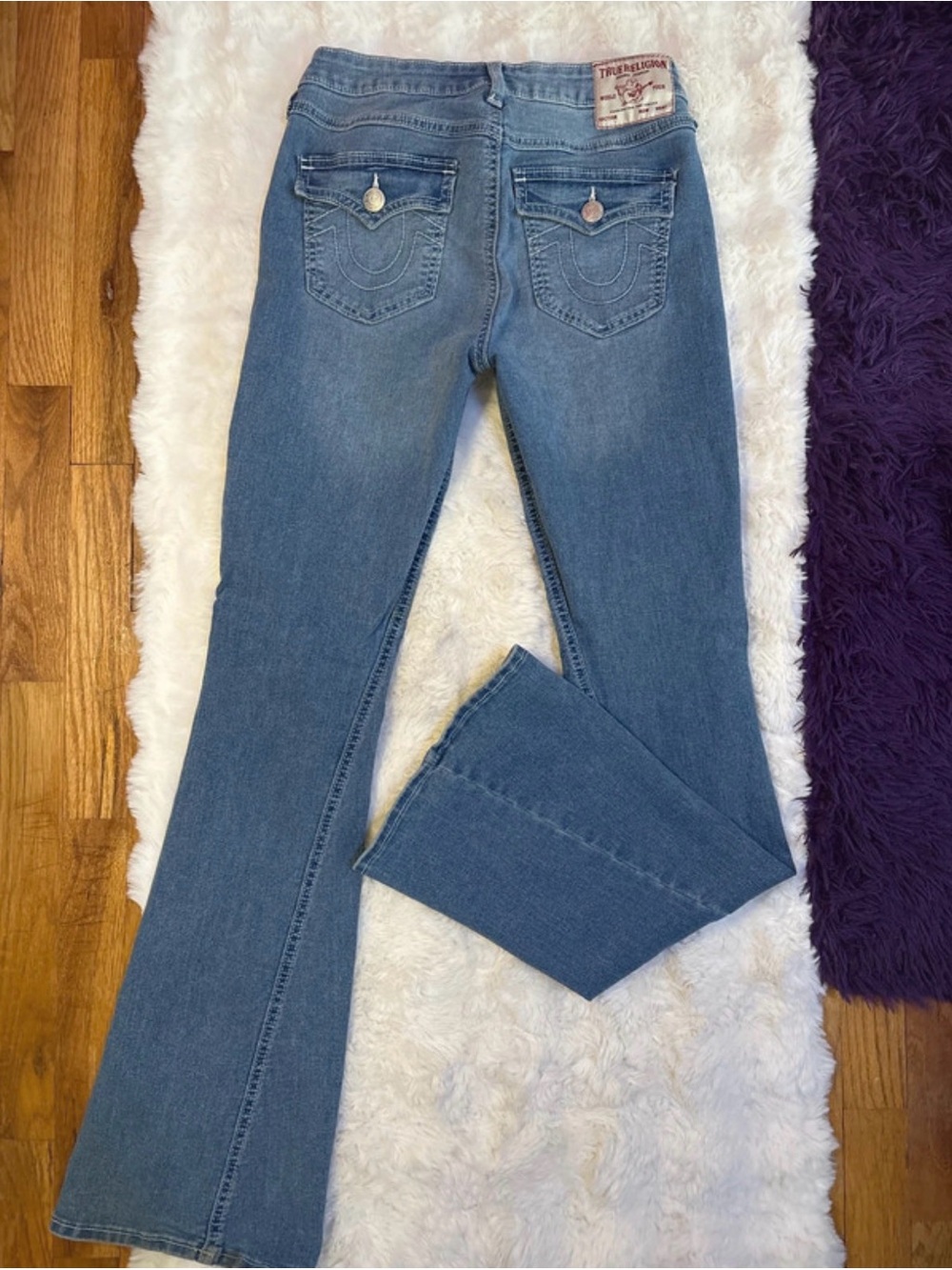 True Religion Light Blue Flare Jeans with Signature Back Pockets